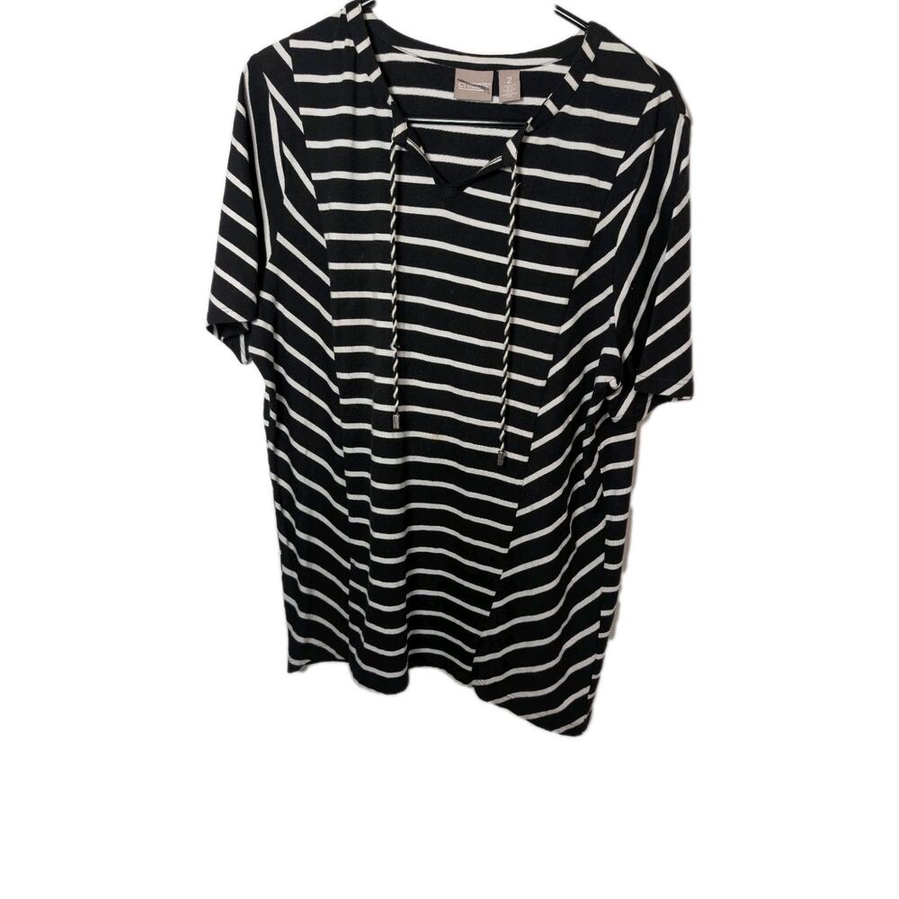 Chico's Shirt Tunic Women’s Black White Striped Pullover Size Large 2 Preppy Top